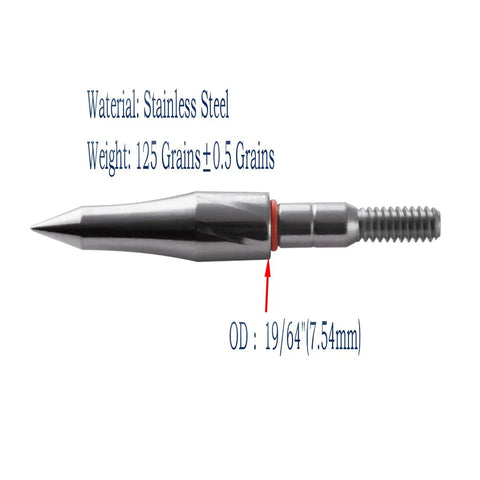 Close-up of Top Notch Stainless Steel Archery Field Point, 125 grain, with detailed view of screw in tip, precision machined.