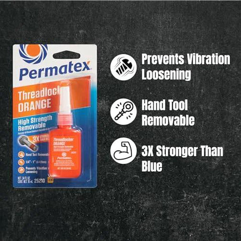 Permatex orange threadlocker, high-strength removable liquid, 10 ml bottle