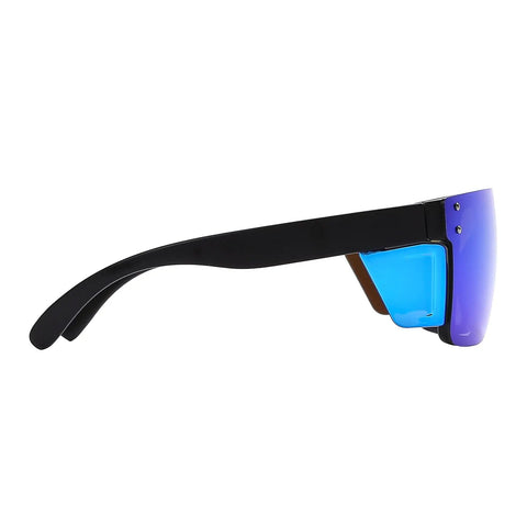 Profile view of Gender Neutral Polarized Sunglasses With Blue Mirror Lenses Matte Black Frame Z87 Impact Proof UV400.
