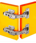 Top Shelf 135 Degree Corner Cabinet Hinges Soft Close Bi Fold Kit with nickel plated steel on yellow panels for corner cabinetry.