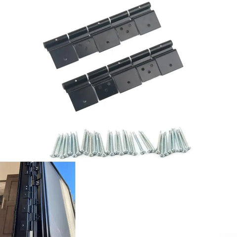 Rock Solid Aluminum RV Door Hinges Complete Replacement Kit For Fifth Wheels And Motorhomes showing ten aluminum hinges and fasteners.