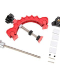Heavy Duty Aluminum T Track Clamp For Woodworking with pivot points and press rod, shown disassembled in red and black components.