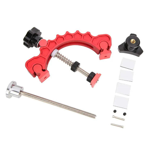 Heavy Duty Aluminum T Track Clamp For Woodworking with pivot points and press rod, shown disassembled in red and black components.