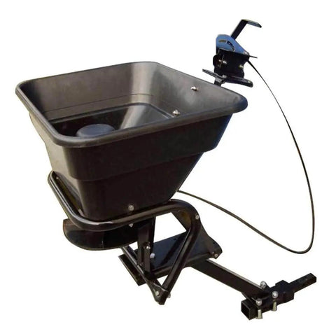 12V Grass Seed And Fertilizer Spreader With 80 Pound Capacity Hitch Mount Receiver for ATV UTV visible from side view