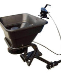 12V Grass Seed And Fertilizer Spreader With 80 Pound Capacity Hitch Mount Receiver showing heavy-duty hopper and mounting frame