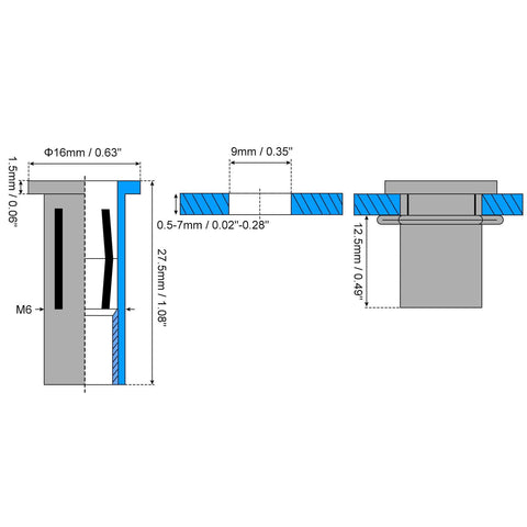 Diagram of M6 Multi Grip Rivet Nuts 10 Pack With Nuts Included Pro Grade Built Tough Pre Bulbed Shank Flat Head Threaded Insert Nut 304 Stainless Steel For Construction And Industrial Use, showing dimensions and installation view.