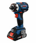 Compact 18V Cordless Drill Driver With Brushless Motor And Rugged Locking Chuck Supporting 5In1 Flexiclick Quick Swap System Paired With A Badass 4Ah Battery Pack, side view of drill