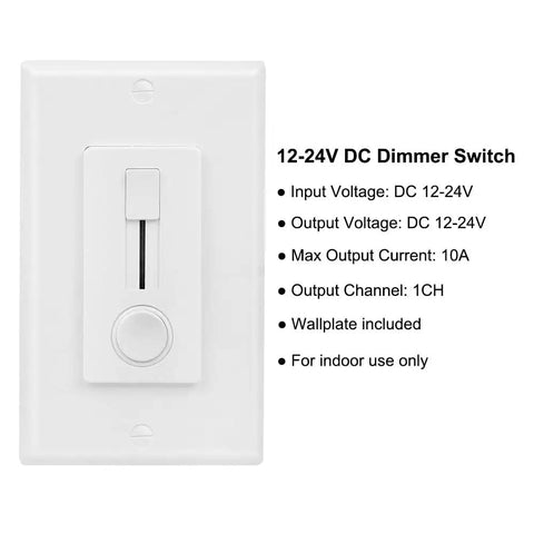 Hassle Free 12 24V DC Dimmer Switch For Single Color LED Strip Lights With Slick Vertical Slider Wall Mount Panel, indoor use.