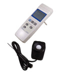 Pro Grade Light Meter for Photography and Industrial Use With Lux And Foot Candle Readings From 0 To 400000 Lux Large One And A Half Inch LCD Display With Bar Graph Over Range Alert And Low Battery Indicator For Quick Accurate Lighting Checks, white handheld unit with sensor