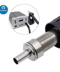 Close-up of a hot air gun for the 9 Piece Hot Air Gun Nozzle Set For PCB Soldering And Rework Stations with a rework station in the background.