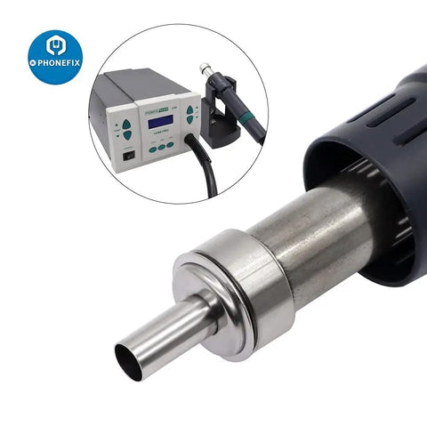 Close-up of a hot air gun for the 9 Piece Hot Air Gun Nozzle Set For PCB Soldering And Rework Stations with a rework station in the background.
