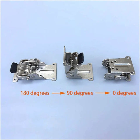 No Sweat Heavy Duty Foldable Support Brackets With Self Locking Hinges For DIY Workbenches And Furniture Legs displayed at angles 0, 90, and 180 degrees.