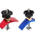 Heavy Duty Adjustable T Slot Clamp Hold Down Kit With Screws for Router Table Saw Drill Press and CNC woodworking projects, red and blue aluminum clamps.