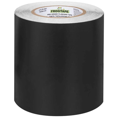 Pro Grade All Weather Flashing Tape For Windows And Doors 6 Inch Wide 75 Foot Roll Black With Advanced Acrylic Adhesive 10 Mil Thick Waterproof UV Resistant Seal No Primer Needed Easy Install, black roll on white background.