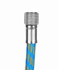 Close-up of 1/8 inch male quick connect fitting on a Flexible Nylon Braided Airbrush Air Hose Kit 6 Feet Long.