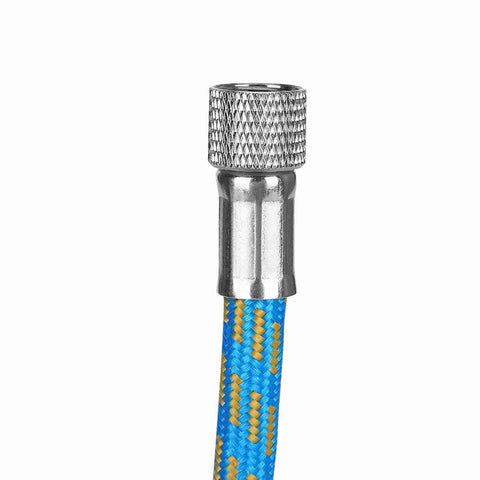 Close-up of 1/8 inch male quick connect fitting on a Flexible Nylon Braided Airbrush Air Hose Kit 6 Feet Long.