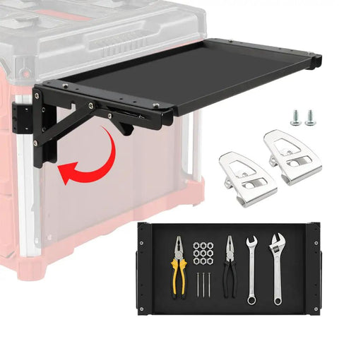 Foldable Magnetic Work Table For Packout System showing fold down workbench with tools and side bracket compatibility