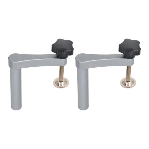 Pro Grade Bench Dog Clamp For 19mm Dog Holes, Aluminum Alloy Hold Down shown in gray, with adjustable black knobs, 70mm capacity.