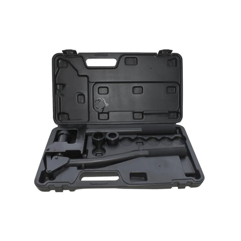 Manual Lever Sheet Metal Hole Punch Kit for 20Gauge Steel with dies in black case, showing knockout driver and hole cutter set.