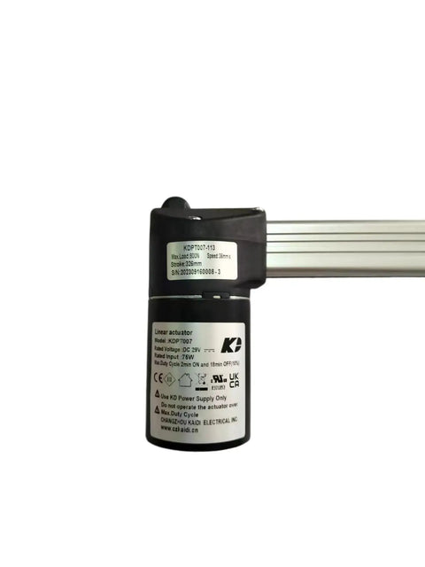 Close-up of Power Recliner Motor Replacement With Cord KDPT007-113 Linear Actuator showing label and aluminum rod.