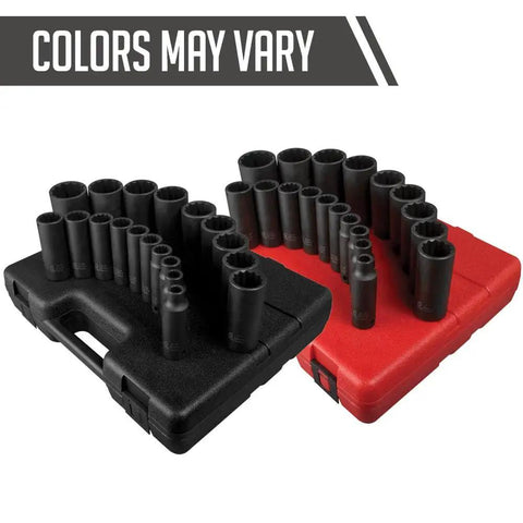 Heavy Duty 1/2 Inch Drive 12 Point SAE Deep Impact Socket Set, 19 Piece, CR MO Alloy Steel in red and black cases