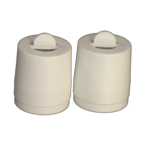 Two Pack Washing Machine Water Filter Replacement With Five Stage Filtration That Traps 98% Of Sediment Over 25 Microns, shown as two white cylindrical filters.