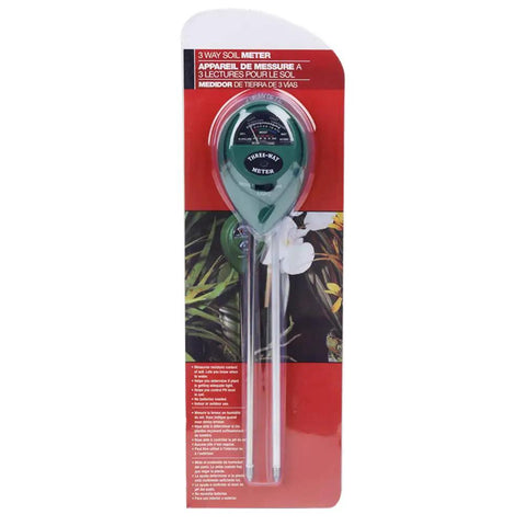 Grab-And-Go 3-In-1 Soil Test Kit Meter for plants packaged on a red card with moisture, pH, sunlight levels display