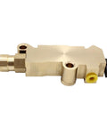 Side view of brass PV2 proportioning valve for drum brakes with yellow seals and mounting ports