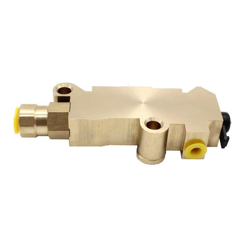 Side view of brass PV2 proportioning valve for drum brakes with yellow seals and mounting ports