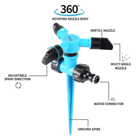 360 Degree Rotating Lawn Sprinkler For Large Area Coverage With Adjustable Spray Directions Direct Or 45 Degrees, Weighted ABS Plastic Three Arm Watering System