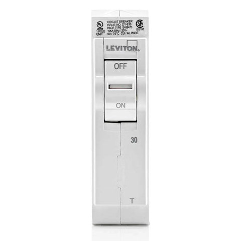 Front view of 30 Amp 1 Pole Plug On Circuit Breaker Thermal Magnetic 120 Volt For Load Center With Color Indicator Handle And Easy Wiring LB130T White UL Listed