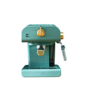 Front view of Retro Semi Automatic Coffee Machine For Home Use With Built In Milk Frother Espresso Pump 850W 110 240 Volts Compact Barista Ready Kitchen Gadget For Rich Smooth Coffee At Home in teal color.