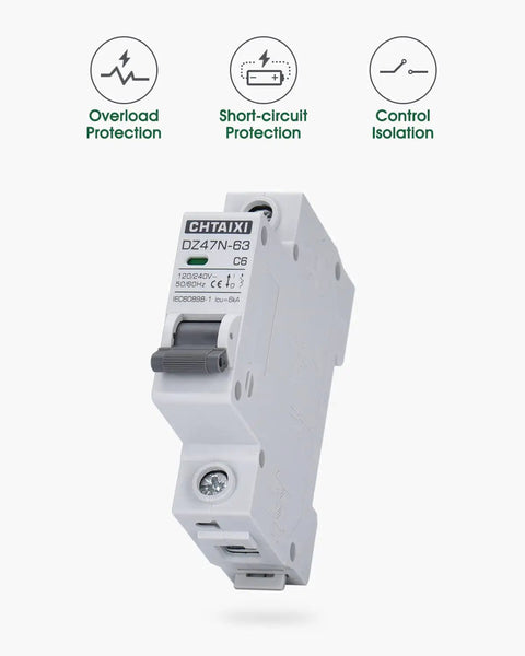 Front view of Three Pack 1 Pole Miniature Circuit Breaker 6A 120 To 240V AC DIN Rail Mount Pro Grade Thermal Magnetic Trip C Curve MCB