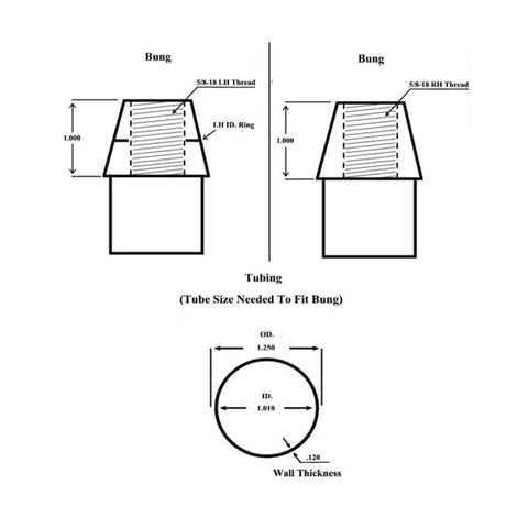 Diagram of Built Tough Carbon Steel Heim Joints With Bung for 5/8-18 threads, dimensions for tubing compatibility.