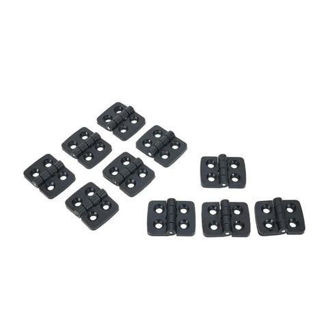 Rotating Concealed Hinges For Electric Boxes And Cabinets, Black Plastic Butt Hinges, laid out on a white surface