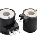 Front view of DR Quality Parts dryer gas valve ignition solenoid coils (2-pack); black cylindrical coils with white ceramic cores and metal prongs