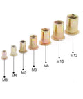 165 Piece Mixed Zinc Plated Carbon Steel Rivet Nut Kit with Threaded Rivnuts M3 through M12, arranged in size order