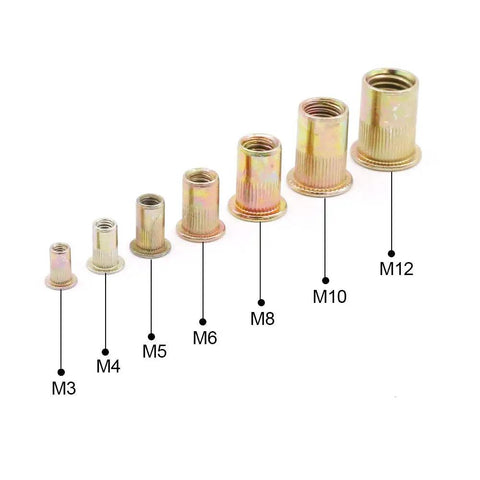 165 Piece Mixed Zinc Plated Carbon Steel Rivet Nut Kit with Threaded Rivnuts M3 through M12, arranged in size order