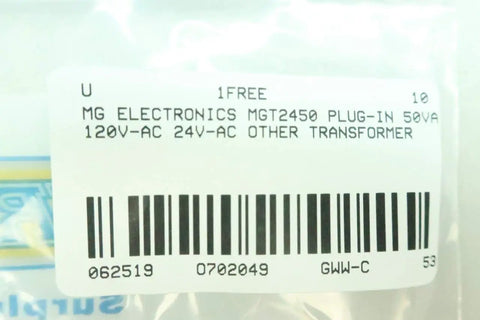 Barcode and label for MGT2450 Plug In Transformer 60W 120V AC to 24V AC Power Adapter for electronics and DIY projects.