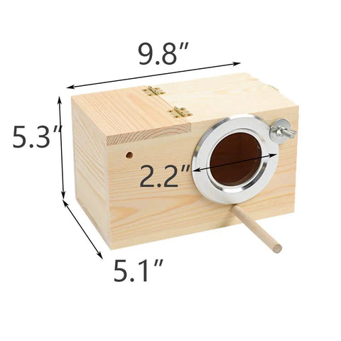 Paulownia Wood Nesting Box For Pet Birds Super Cozy Insulated Breeding Home dimensions 9.8x5.3x5.1 inches with a round entrance.