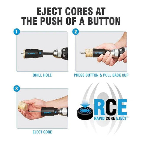 Spyder 1/2-in Hex10 HSS hole saw pilot bit with Rapid Core Eject for wood/metal; drill, press eject button, remove core.