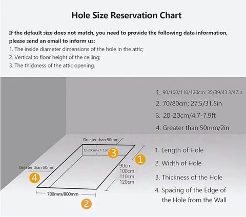 Hole Size Reservation Chart for Solid As A Rock Electric Attic Ladder With Remote Control Folding Ceiling Stairs dimensions.