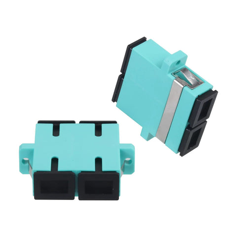 Six Pack SC Female To SC Female OM3 Duplex Multimode Fiber Optic Couplers And Adapters Kit in aqua blue, panel mount ready