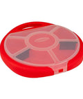Red plastic lid of Bucket Seat Small Parts Organizer for 5 gallon buckets with locking lid and 6 compartments, visible top view.