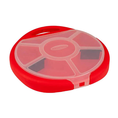 Red plastic lid of Bucket Seat Small Parts Organizer for 5 gallon buckets with locking lid and 6 compartments, visible top view.