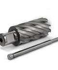 Side view of a steel annular cutter with Weldon shank for magnetic drill press