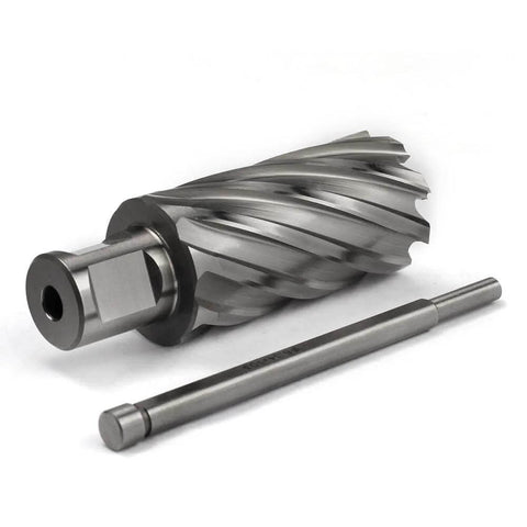 Side view of a steel annular cutter with Weldon shank for magnetic drill press