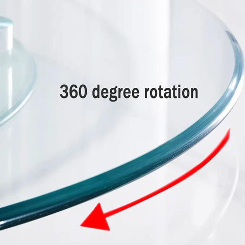 Premium Tempered Glass Lazy Susan Turntable Serving Tray For Dining Tables And Party Crews Featuring Silky Swivel Spin And No Sweat Washup At Thirty Four Inches Across, showing 360-degree rotation feature.