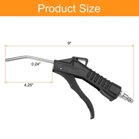 Straight Shot Air Blow Gun Featuring Tapered Bent Nozzle And Quarter Inch Npt Male Plug, 9 inch size for compressor use.