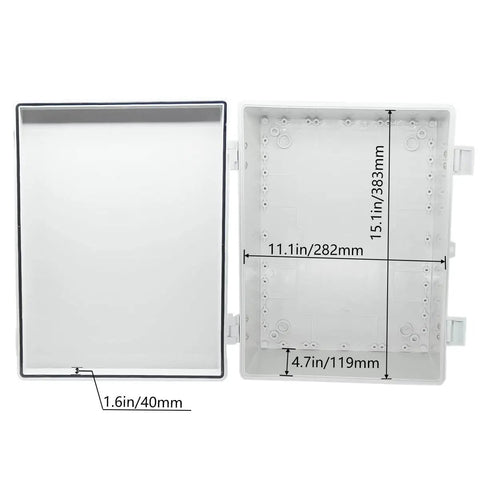 Weatherproof IP65 Junction Box In ABS Plastic With Hinged Shell For Outdoor Electrical Enclosures Includes Mounting Plate And Wall Brackets Grey 15.7 X 11.8 X 7.1 Inches 400 X 300 X 180 Mm DIY Friendly And Rugged, open box with dimensions shown